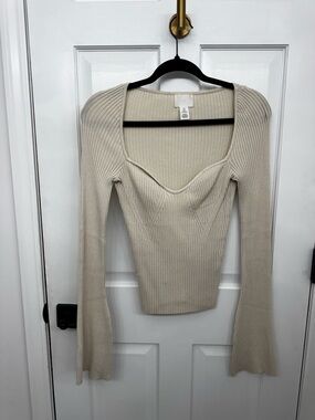 H&M Ribbed Cream Scoop Neck Long Sleeve Sweater